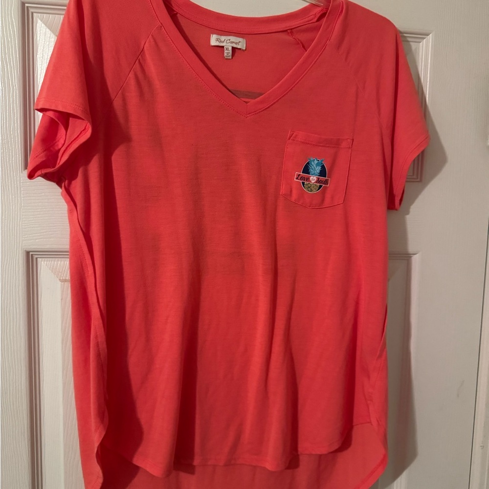 Coral V-Neck T-Shirt with Pocket